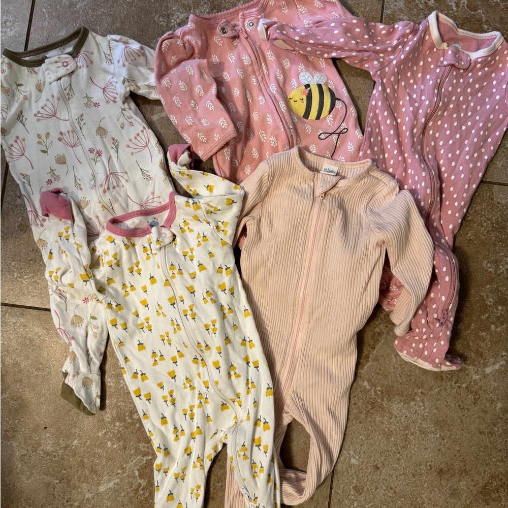 Lot of 5 baby girl footed pajamas